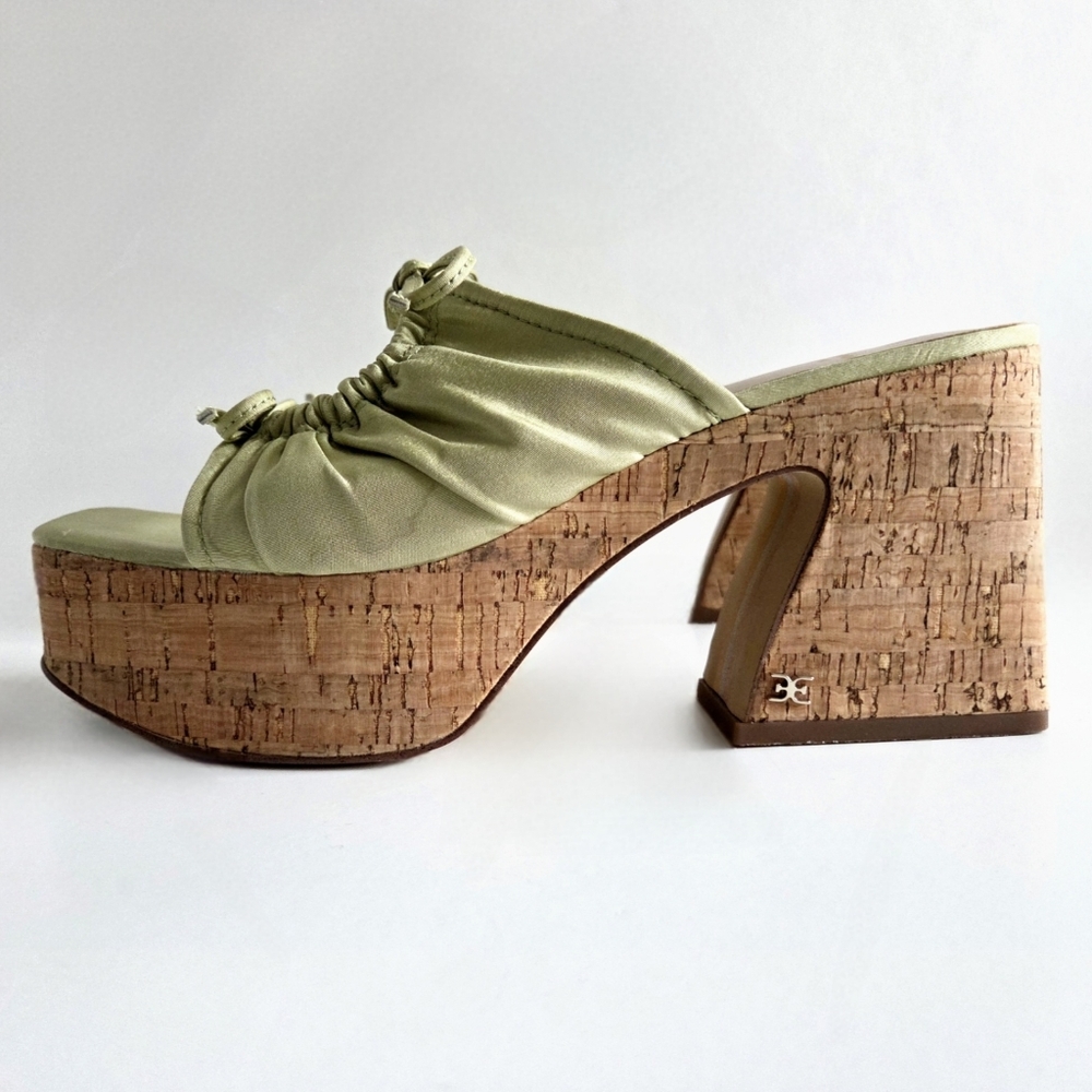 Sam Edelman Cork Platform Slip-On Sandals, Green Satin & Cork, EUC Size 9 - Picture 3 of 16